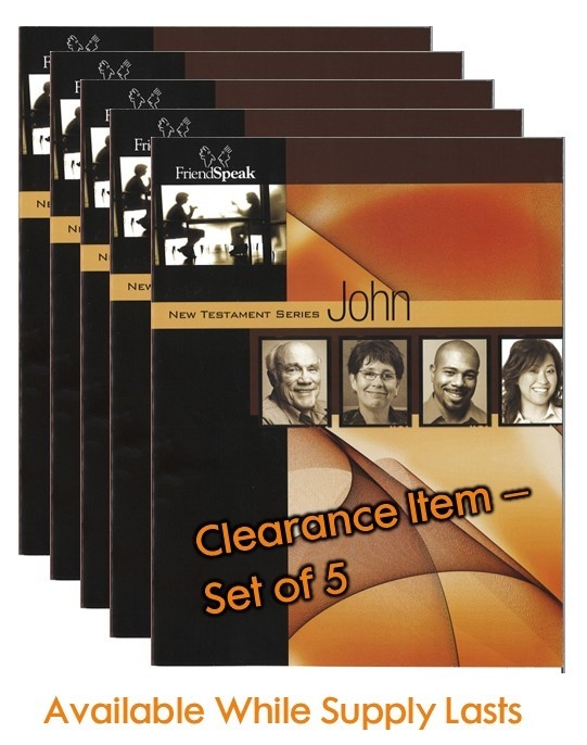 Product Description: CLEARANCE ITEM - offer limited to current stock. Set of FIVE 2019 version JOHN workbooks and ONE Seed Thought & discussion packet. </br></br>28 lessons with same passages and ERV English translation as current version. Leftover from a previous printing -- unused items found in storage. For sale in bundles only. For sale while supply lasts. As with all printed material orders, USA shipping only.</br> JOHN 2019 printed workbook bundle - limited stock